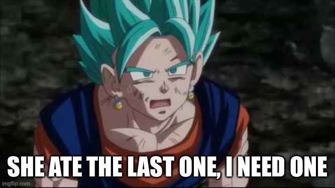 Vegito | SHE ATE THE LAST ONE, I NEED ONE | image tagged in vegito | made w/ Imgflip meme maker