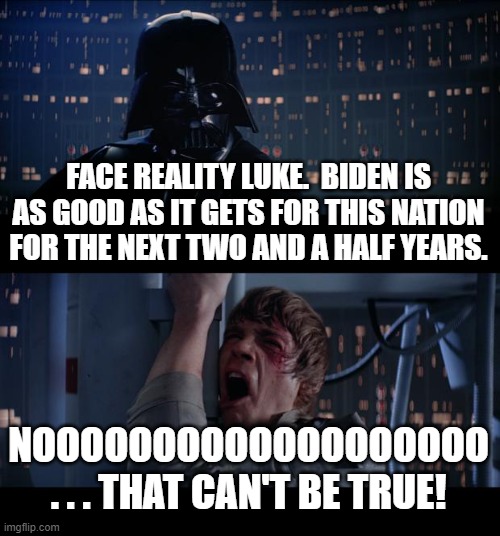 Darth proves the true depth of his evil with this taunt. | FACE REALITY LUKE.  BIDEN IS AS GOOD AS IT GETS FOR THIS NATION FOR THE NEXT TWO AND A HALF YEARS. NOOOOOOOOOOOOOOOOOOO . . . THAT CAN'T BE TRUE! | image tagged in star wars no | made w/ Imgflip meme maker
