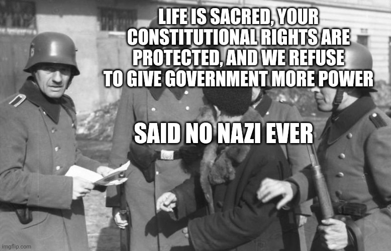 Rest assured that if one side resembles nazis its the Democrats. |  LIFE IS SACRED, YOUR CONSTITUTIONAL RIGHTS ARE PROTECTED, AND WE REFUSE TO GIVE GOVERNMENT MORE POWER; SAID NO NAZI EVER | image tagged in papers please,democrats,leftists,nazis | made w/ Imgflip meme maker