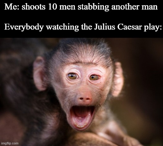 Unsettled Baby Baboon | Me: shoots 10 men stabbing another man; Everybody watching the Julius Caesar play: | image tagged in unsettled tom,julius caesar,actors,theater,shooting | made w/ Imgflip meme maker