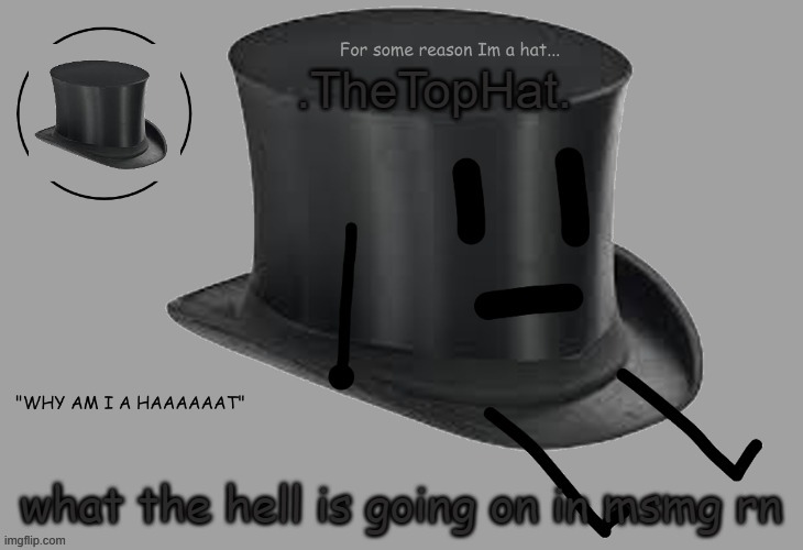 Top Hat announcement temp |  what the hell is going on in msmg rn | image tagged in top hat announcement temp | made w/ Imgflip meme maker