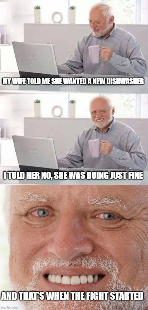 MY WIFE TOLD ME SHE WANTED A NEW DISHWASHER I TOLD HER NO, SHE WAS DOING JUST FINE AND THAT'S WHEN THE FIGHT STARTED | image tagged in memes,hide the pain harold | made w/ Imgflip meme maker
