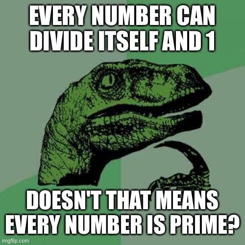 Maths is difficult | EVERY NUMBER CAN DIVIDE ITSELF AND 1; DOESN'T THAT MEANS EVERY NUMBER IS PRIME? | image tagged in memes,philosoraptor,math is math,so hard | made w/ Imgflip meme maker