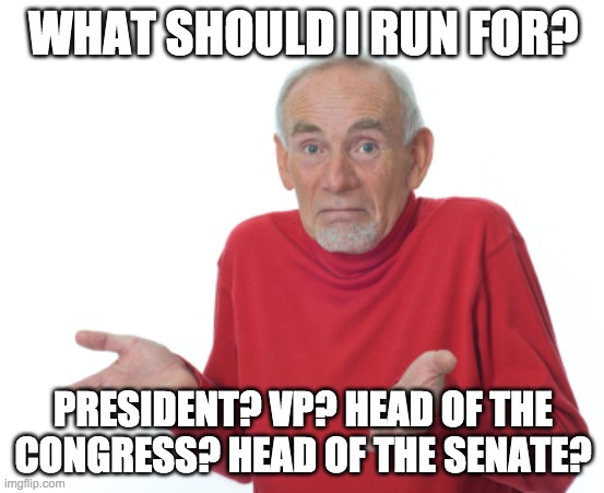 Now the election is coming up I don't actually know what I'm even gonna run for XD | WHAT SHOULD I RUN FOR? PRESIDENT? VP? HEAD OF THE CONGRESS? HEAD OF THE SENATE? | image tagged in guess i'll die,congress | made w/ Imgflip meme maker