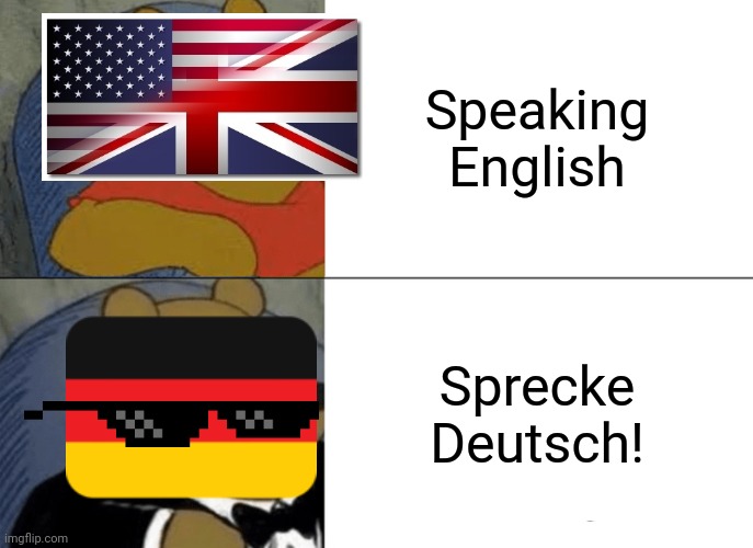 DEUTCH IST SEHR GUT!!! | Speaking English; Sprecke Deutsch! | image tagged in memes,tuxedo winnie the pooh | made w/ Imgflip meme maker