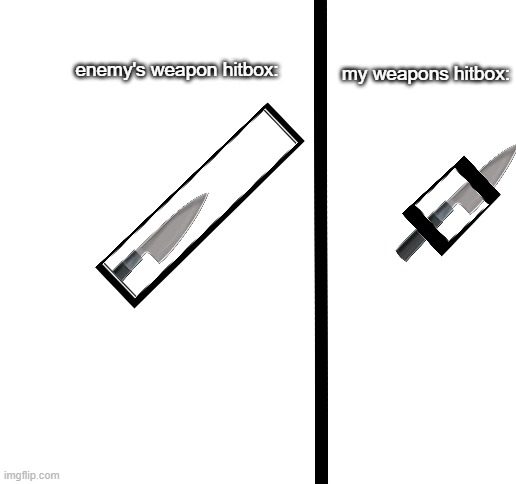 omg fr tho | my weapons hitbox:; enemy's weapon hitbox: | image tagged in blank white template | made w/ Imgflip meme maker
