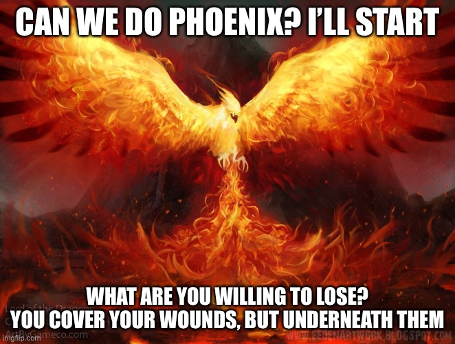 The LoL one | CAN WE DO PHOENIX? I’LL START; WHAT ARE YOU WILLING TO LOSE?
YOU COVER YOUR WOUNDS, BUT UNDERNEATH THEM | image tagged in ft mac phoenix | made w/ Imgflip meme maker