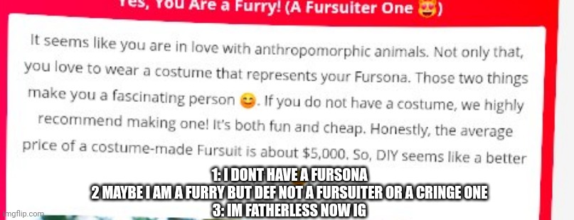 1: I DONT HAVE A FURSONA
2 MAYBE I AM A FURRY BUT DEF NOT A FURSUITER OR A CRINGE ONE
3: IM FATHERLESS NOW IG | made w/ Imgflip meme maker