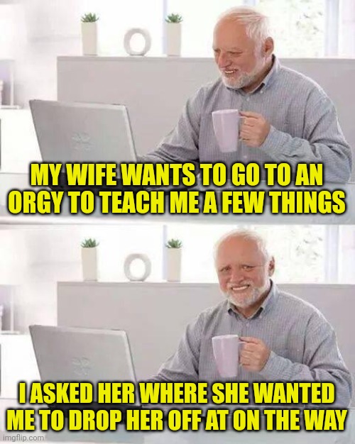 Hide the Pain Harold | MY WIFE WANTS TO GO TO AN ORGY TO TEACH ME A FEW THINGS; I ASKED HER WHERE SHE WANTED ME TO DROP HER OFF AT ON THE WAY | image tagged in memes,hide the pain harold | made w/ Imgflip meme maker