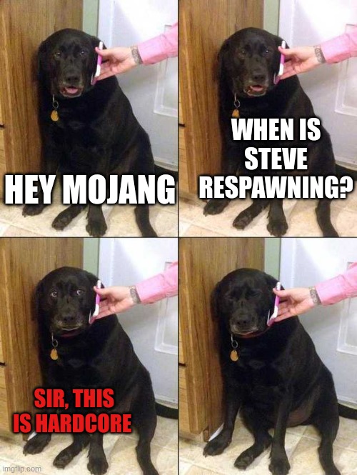 lol | WHEN IS STEVE RESPAWNING? HEY MOJANG; SIR, THIS IS HARDCORE | image tagged in sad dog call | made w/ Imgflip meme maker