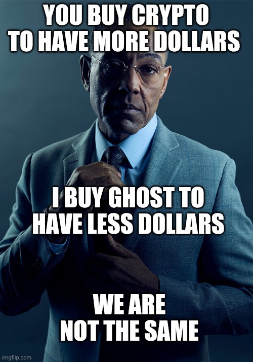 Ghost coin |  YOU BUY CRYPTO TO HAVE MORE DOLLARS; I BUY GHOST TO HAVE LESS DOLLARS; WE ARE NOT THE SAME | image tagged in gus fring we are not the same | made w/ Imgflip meme maker