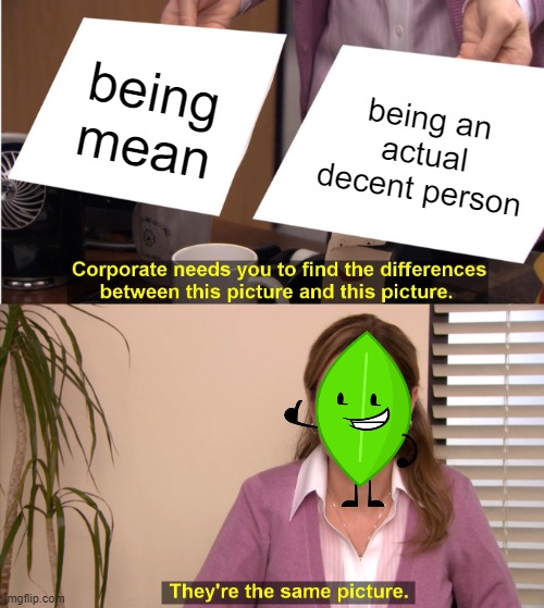 They're The Same Picture Meme | being mean; being an actual decent person | image tagged in memes,they're the same picture,bfdi | made w/ Imgflip meme maker