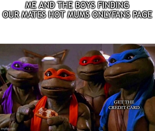 Teenage Mutant Ninja Turtles |  ME AND THE BOYS FINDING OUR MATES HOT MUMS ONLYFANS PAGE; GET THE CREDIT CARD | image tagged in teenage mutant ninja turtles | made w/ Imgflip meme maker