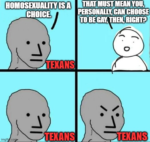 NPC Meme | THAT MUST MEAN YOU, PERSONALLY, CAN CHOOSE TO BE GAY, THEN, RIGHT? HOMOSEXUALITY IS A 
CHOICE. TEXANS; TEXANS; TEXANS | image tagged in npc meme | made w/ Imgflip meme maker