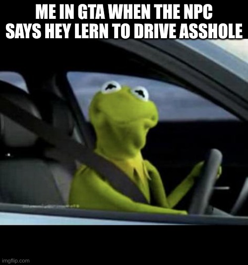 gta | ME IN GTA WHEN THE NPC SAYS HEY LERN TO DRIVE ASSHOLE | image tagged in kermit driving | made w/ Imgflip meme maker