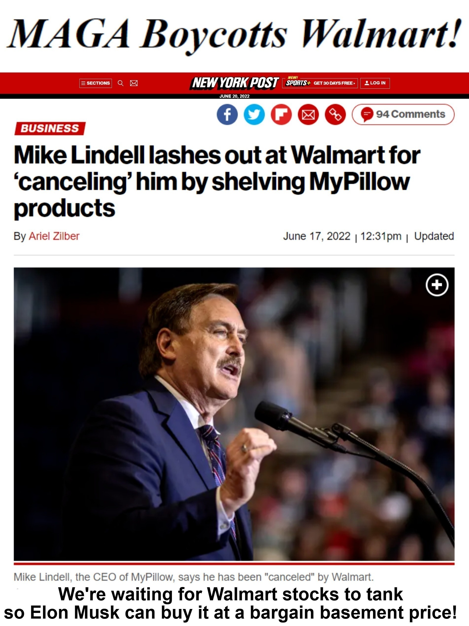 MAGA Boycott: Walmart Commits Suicide | image tagged in sam walton is rolling in his grave,my pillow,mike lindell,maga boycott,make america great again | made w/ Imgflip meme maker