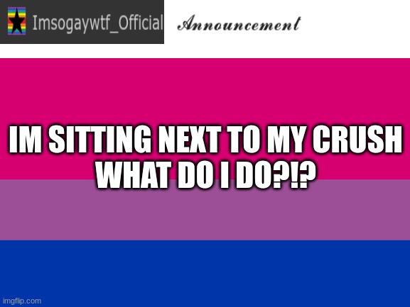 Hes GAY :) | IM SITTING NEXT TO MY CRUSH
WHAT DO I DO?!? | image tagged in imsogaywtf_official alternate temp | made w/ Imgflip meme maker