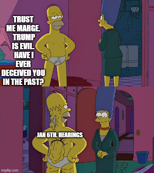 Yes . . . it really is about like this. | TRUST ME MARGE.  TRUMP IS EVIL.  HAVE I EVER DECEIVED YOU IN THE PAST? JAN 6TH. HEARINGS | image tagged in homer simpson's back fat | made w/ Imgflip meme maker