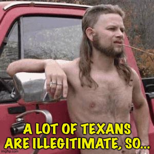 almost redneck | A LOT OF TEXANS ARE ILLEGITIMATE, SO... | image tagged in almost redneck | made w/ Imgflip meme maker