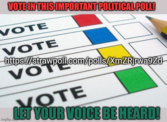 Link in the comments | VOTE IN THIS IMPORTANT POLITICAL POLL! https://strawpoll.com/polls/XmZRjrwa9Zd; LET YOUR VOICE BE HEARD! | image tagged in political poll,polls,important,political,propaganda | made w/ Imgflip meme maker