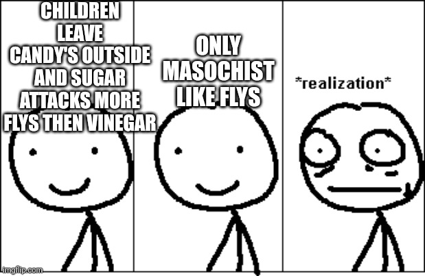 Am I wrong?? | CHILDREN  LEAVE  CANDY'S OUTSIDE
AND SUGAR ATTACKS MORE FLYS THEN VINEGAR; ONLY MASOCHIST LIKE FLYS | image tagged in realization | made w/ Imgflip meme maker