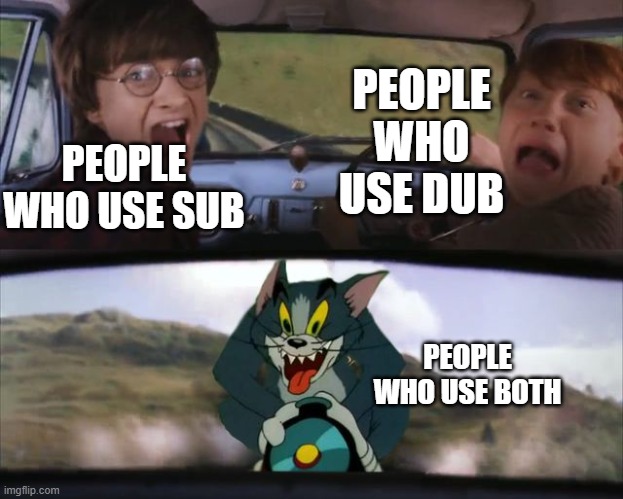 sub and dub | PEOPLE WHO USE DUB; PEOPLE WHO USE SUB; PEOPLE WHO USE BOTH | image tagged in harry and ron being chased by tom | made w/ Imgflip meme maker