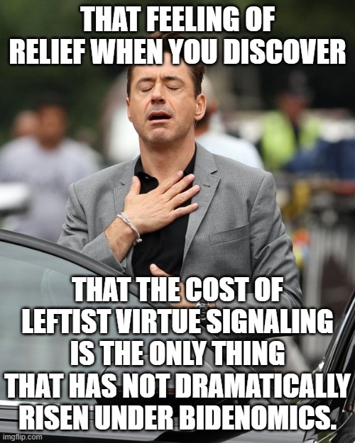 Leftists gotta cling to the 'important' things in life. | THAT FEELING OF RELIEF WHEN YOU DISCOVER; THAT THE COST OF LEFTIST VIRTUE SIGNALING IS THE ONLY THING THAT HAS NOT DRAMATICALLY RISEN UNDER BIDENOMICS. | image tagged in relief | made w/ Imgflip meme maker