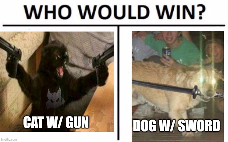 Who Would Win? Meme | CAT W/ GUN; DOG W/ SWORD | image tagged in memes,who would win | made w/ Imgflip meme maker