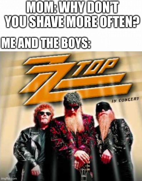 Beard = superior | MOM: WHY DON’T YOU SHAVE MORE OFTEN? ME AND THE BOYS: | image tagged in zz top,puberty,beard,shaving,family | made w/ Imgflip meme maker