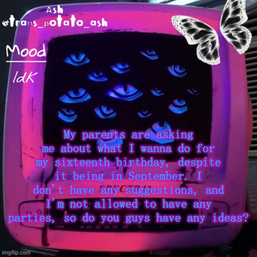 Help? | Idk; My parents are asking me about what I wanna do for my sixteenth birthday, despite it being in September. I don't have any suggestions, and I'm not allowed to have any parties, so do you guys have any ideas? | image tagged in your local fatherless bitch | made w/ Imgflip meme maker