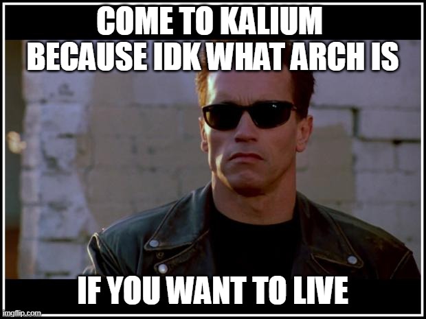 arnold schwarzenegger terminator | COME TO KALIUM  BECAUSE IDK WHAT ARCH IS; IF YOU WANT TO LIVE | image tagged in arnold schwarzenegger terminator | made w/ Imgflip meme maker