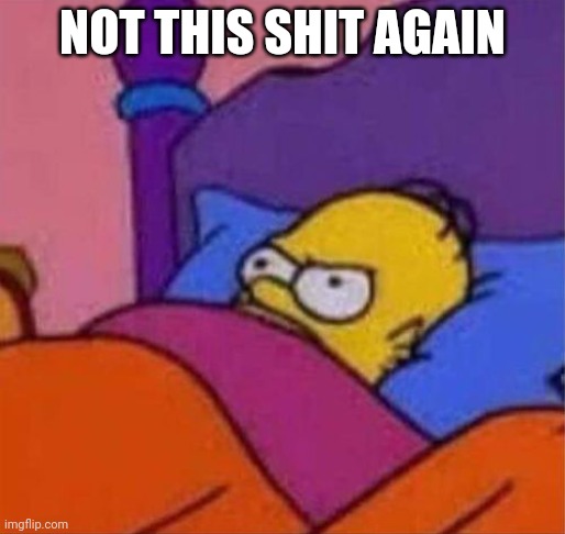 angry homer simpson in bed | NOT THIS SHIT AGAIN | image tagged in angry homer simpson in bed | made w/ Imgflip meme maker