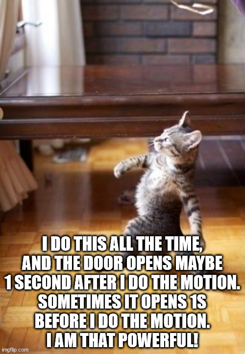 Cool Cat Stroll Meme | I DO THIS ALL THE TIME,
AND THE DOOR OPENS MAYBE
1 SECOND AFTER I DO THE MOTION.
SOMETIMES IT OPENS 1S
BEFORE I DO THE MOTION.
I AM THAT POW | image tagged in memes,cool cat stroll | made w/ Imgflip meme maker