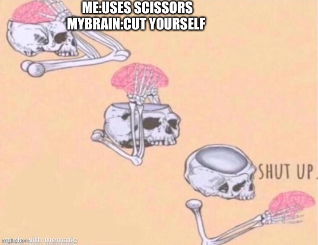 skeleton shut up meme | ME:USES SCISSORS 
MYBRAIN:CUT YOURSELF | image tagged in skeleton shut up meme | made w/ Imgflip meme maker