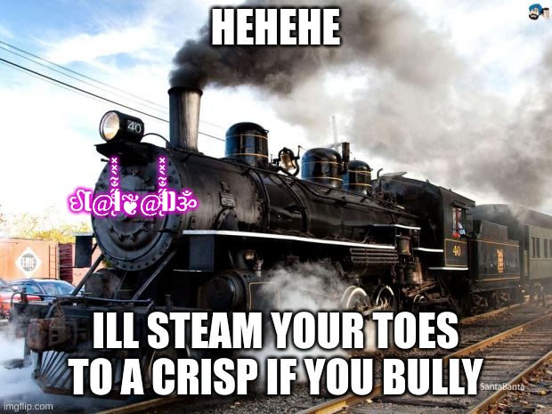Train | HEHEHE; ઈ(@̴̨̊̋̐̃̀̽̽Ι❦@̴̨̊̋̐̃̀̽̽Ι)ૐ; ILL STEAM YOUR TOES TO A CRISP IF YOU BULLY | image tagged in train | made w/ Imgflip meme maker