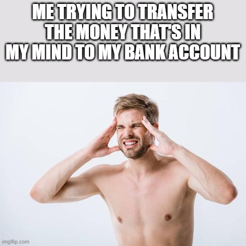Trying To Transfer The Money That's In My Mind |  ME TRYING TO TRANSFER THE MONEY THAT'S IN MY MIND TO MY BANK ACCOUNT | image tagged in transfer,bank account,money,shirtless,funny,memes | made w/ Imgflip meme maker