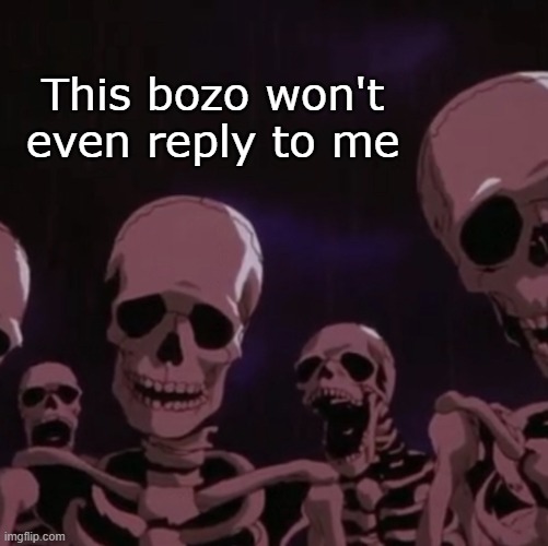 https://imgflip.com/i/6k7syt?nerp=1655743059#com19617340 | This bozo won't even reply to me | image tagged in roasting skeletons | made w/ Imgflip meme maker