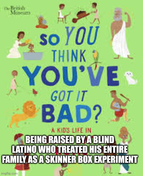 BEING RAISED BY A BLIND LATINO WHO TREATED HIS ENTIRE FAMILY AS A SKINNER BOX EXPERIMENT | image tagged in skinner box | made w/ Imgflip meme maker