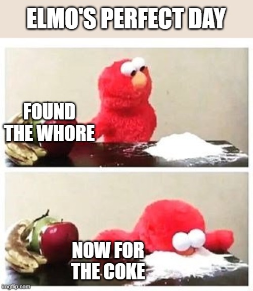 elmo cocaine | FOUND THE WHORE NOW FOR THE COKE ELMO'S PERFECT DAY | image tagged in elmo cocaine | made w/ Imgflip meme maker