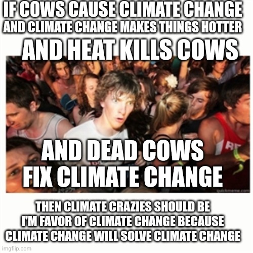 Makes about as much sense as all their other plans. | IF COWS CAUSE CLIMATE CHANGE; AND CLIMATE CHANGE MAKES THINGS HOTTER; AND HEAT KILLS COWS; AND DEAD COWS FIX CLIMATE CHANGE; THEN CLIMATE CRAZIES SHOULD BE I'M FAVOR OF CLIMATE CHANGE BECAUSE CLIMATE CHANGE WILL SOLVE CLIMATE CHANGE | image tagged in epiphany fixx | made w/ Imgflip meme maker