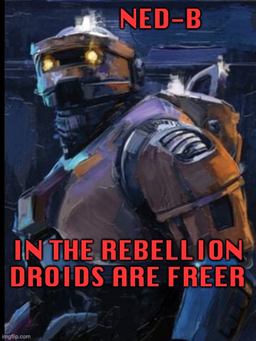 He's part of a lineage of droids with more self-motivation and more freedom | NED-B; IN THE REBELLION
DROIDS ARE FREER | image tagged in starwars rebel droid,robots,freedom,rebellion | made w/ Imgflip meme maker