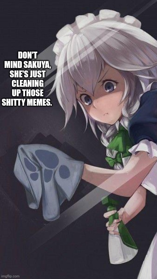 Sakuya the murder maid | DON'T MIND SAKUYA, SHE'S JUST CLEANING UP THOSE SHITTY MEMES. | image tagged in sakuya the murder maid | made w/ Imgflip meme maker