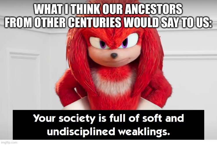 Or even people from other planets, maybe. | WHAT I THINK OUR ANCESTORS FROM OTHER CENTURIES WOULD SAY TO US: | image tagged in your society is full of soft and undisciplined weaklings,knuckles,sonic the hedgehog,the world,imgflip | made w/ Imgflip meme maker