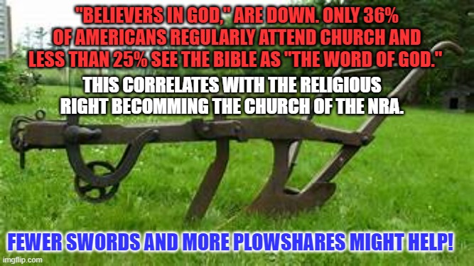 Americans stand in line to volunteer to do positive things for fellow human beiings. | "BELIEVERS IN GOD," ARE DOWN. ONLY 36% OF AMERICANS REGULARLY ATTEND CHURCH AND LESS THAN 25% SEE THE BIBLE AS "THE WORD OF GOD."; THIS CORRELATES WITH THE RELIGIOUS RIGHT BECOMMING THE CHURCH OF THE NRA. FEWER SWORDS AND MORE PLOWSHARES MIGHT HELP! | image tagged in politics | made w/ Imgflip meme maker