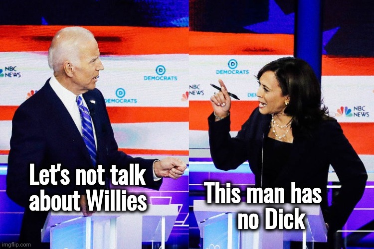 Kamala Harris Attacks Joe Biden | Let's not talk
   about Willies This man has         
no Dick | image tagged in kamala harris attacks joe biden | made w/ Imgflip meme maker
