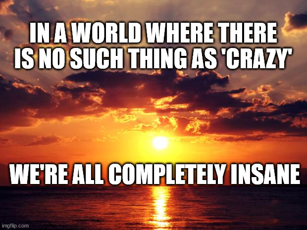 Sunset |  IN A WORLD WHERE THERE IS NO SUCH THING AS 'CRAZY'; WE'RE ALL COMPLETELY INSANE | image tagged in sunset | made w/ Imgflip meme maker