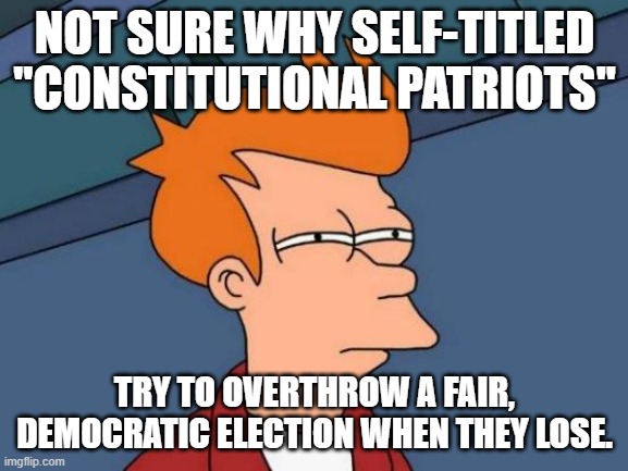 I dont understand... | NOT SURE WHY SELF-TITLED ''CONSTITUTIONAL PATRIOTS''; TRY TO OVERTHROW A FAIR, DEMOCRATIC ELECTION WHEN THEY LOSE. | image tagged in memes,futurama fry | made w/ Imgflip meme maker