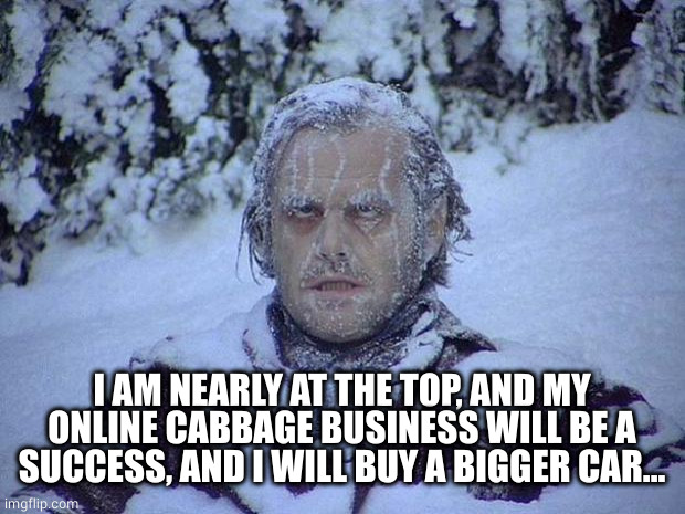 Jack Nicholson The Shining Snow Meme | I AM NEARLY AT THE TOP, AND MY ONLINE CABBAGE BUSINESS WILL BE A SUCCESS, AND I WILL BUY A BIGGER CAR... | image tagged in memes,jack nicholson the shining snow | made w/ Imgflip meme maker