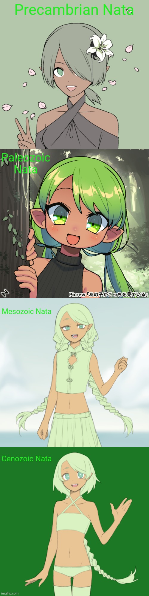 Nata throughout the ages | Precambrian Nata; Paleozoic Nata; Mesozoic Nata; Cenozoic Nata | image tagged in cala oc | made w/ Imgflip meme maker