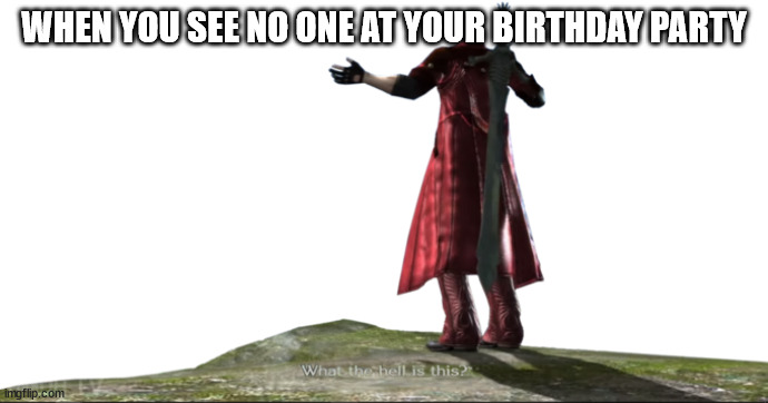 When there is no one at your birthday party | WHEN YOU SEE NO ONE AT YOUR BIRTHDAY PARTY | image tagged in what the hell is this - dmc4 | made w/ Imgflip meme maker